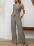 Patcute V-Neck Button Down Vest and Wide Leg Pants Set