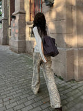 Patcute American Leopard Wash Jeans Women Y2K Vintage Stacked Jeans Beige High Street Oversized High Waist Straight Jeans Baggy