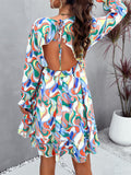 Patcute  Backless Printed V-Neck Flounce Sleeve Dress