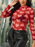 Patcute Heart Mock Neck Long Sleeve Sheer Top