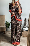 Patcute Contrast Trim Leopard Round Neck Top and Pants Lounge Set