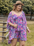 Patcute Plus Size Printed Cami, Open Front Cover Up and Shorts Set