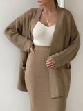 Patcute Pocketed Long Sleeve Cardigan and Skirt Sweater Set