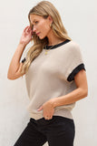 Patcute Contrast Trim Round Neck Cap Sleeve Knit Top