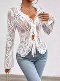 Patcute Tied V-Neck Long Sleeve Lace Top