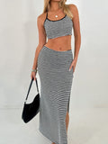 Patcute  Striped Halter Neck Top and Slit Skirt Set