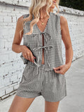 Patcute Lovelet Tied Plaid V-Neck Vest and Shorts Set