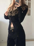 Patcute Sexy Leopard Knitted Cardigan Vintage Y2k Japanese V-neck Sweater Long Sleeve Streetwear Harajuku Aesthetic 90s Cardigan