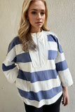 Patcute  Cotton Wash Striped Half Zip Mock Neck Long Sleeve Top