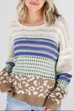 Patcute Leopard Striped Round Neck Crochet Knit Top