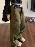 Patcute Vintage Y2k Cargo Pants Women Baggy Embroidery Plaid Patchwork Trousers Slacks High Street Harajuku Wide Leg Sweatpants