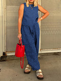 Patcute Lovelet Plaid Round Neck Sleeveless Top and Pants Set