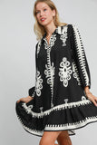 Patcute Umgee Border Print Button Down Ruffled Hem Dress