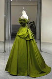 Patcute 2024 Green A-line Off Shoulder Satin Long Party Dress, Green Satin Formal Dress Prom Dress