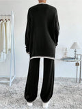 Patcute Side Slit Contrast Trim Round Neck Top and Pants Sweater Set