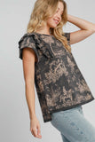 Patcute Umgee Ruffled Landscape Print Short Sleeve French Terry Top