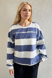 Patcute Cotton Wash Exposed Seam Contrast Striped Round Neck Long Sleeve T-Shirt