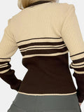 Patcute Striped Collared Neck Long Sleeve Knit Top