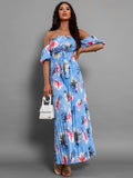 Patcute Pleated Floral Off-Shoulder Short Sleeve Midi Dress