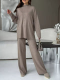 Patcute Slit Mock Neck Top and Pants Sweater Set