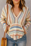 Patcute Contrast Striped Dropped Shoulder Hooded Knit Top