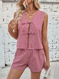 Patcute Lovelet Tied Plaid V-Neck Vest and Shorts Set