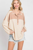 Patcute Waffle-Knit Color Block Half Button Long Sleeve Top