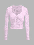 Patcute Scoop Neck Long Sleeve Lace Top