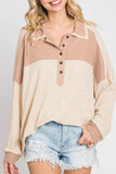 Patcute Waffle-Knit Color Block Half Button Long Sleeve Top