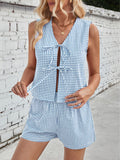 Patcute Lovelet Tied Plaid V-Neck Vest and Shorts Set