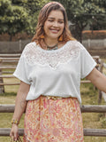 Patcute Plus Size Lace Detail Round Neck Short Sleeve Top