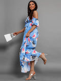 Patcute Pleated Floral Off-Shoulder Short Sleeve Midi Dress