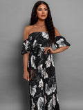 Patcute Pleated Floral Off-Shoulder Short Sleeve Midi Dress