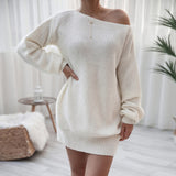 Patcute Boat Neck Long Sleeve Mini Sweater Dress