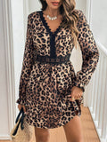 Patcute Lace Detail Leopard Flounce Sleeve Mini Dress