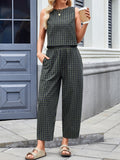 Patcute Lovelet Plaid Round Neck Sleeveless Top and Pants Set