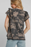 Patcute Umgee Ruffled Landscape Print Short Sleeve French Terry Top