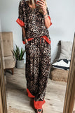 Patcute Contrast Trim Leopard Round Neck Top and Pants Lounge Set