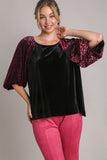 Patcute Umgee Round Neck Leopard Balloon Sleeve Velvet Top