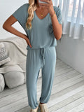 Patcute V-Neck Short Sleeve Top and Pants Set