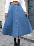 Patcute Buttoned Midi Denim Skirt with Pockets