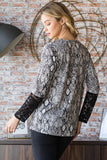 Patcute  Full Size Snakeskin Print Round Neck Lace Contrast Top