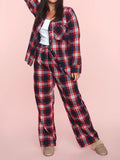 Patcute Plaid Collared Neck Button Up Top and Pants Lounge Set