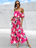 Patcute Pleated Floral Off-Shoulder Short Sleeve Midi Dress