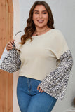 Patcute Plus Size Leopard Round Neck Long Sleeve Top