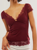 Patcute Lace Detail V-Neck Cap Sleeve Top