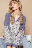 Patcute  Waffle Knit Floral Notched Long Sleeve Top