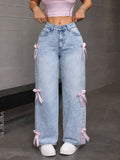 Patcute Women Casual Bowknot Decor Jeans Y2k Blue Baggy Denim Trousers Loose Straight Sweet Coquette Aesthetic Washed Jeans