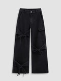 Patcute Bowknot Pocket Wide Leg Jeans Women Y2k Low Rise Sweet Casual Denim Trousers Coquette Baggy Cargo Jeans Gyaru Streetwear