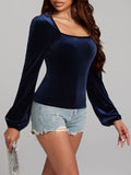 Patcute Square Neck Long Sleeve Velvet Top